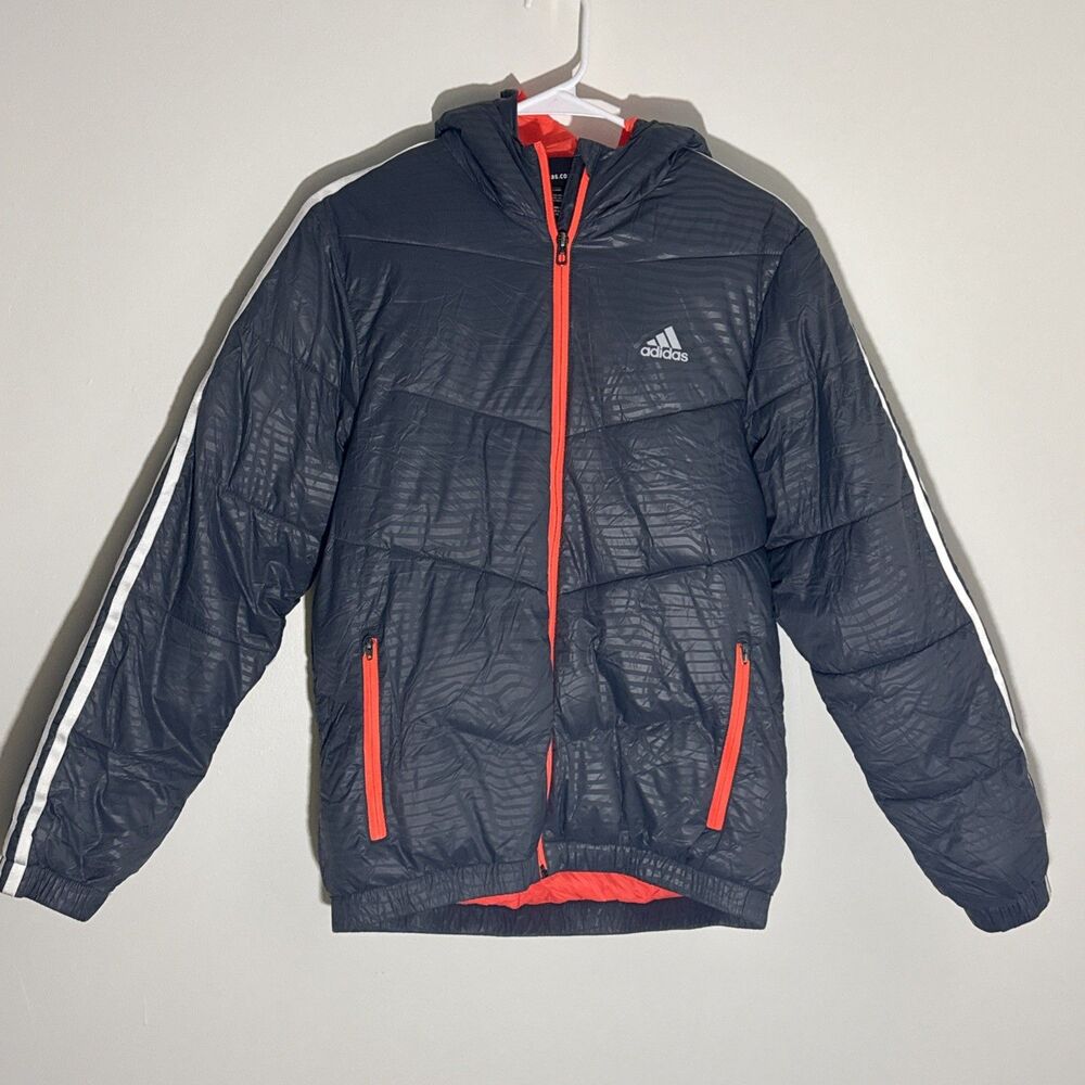 Adidas Boys Puffer Hooded Jacket Gray Coat Orange Lined 3-Stripes Large